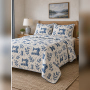 Indigo Block Print Sewing Quilt Set, angled sewing bedroom view