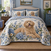 Blue Wildflower Doodle Goldendoodle Cottage Floral Quilt Set, front goldendoodle cottage floral bedroom view