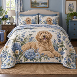 Blue Wildflower Doodle Goldendoodle Cottage Floral Quilt Set