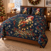 Christmas Lights Rooster Quilt Set, angled rooster bedroom view