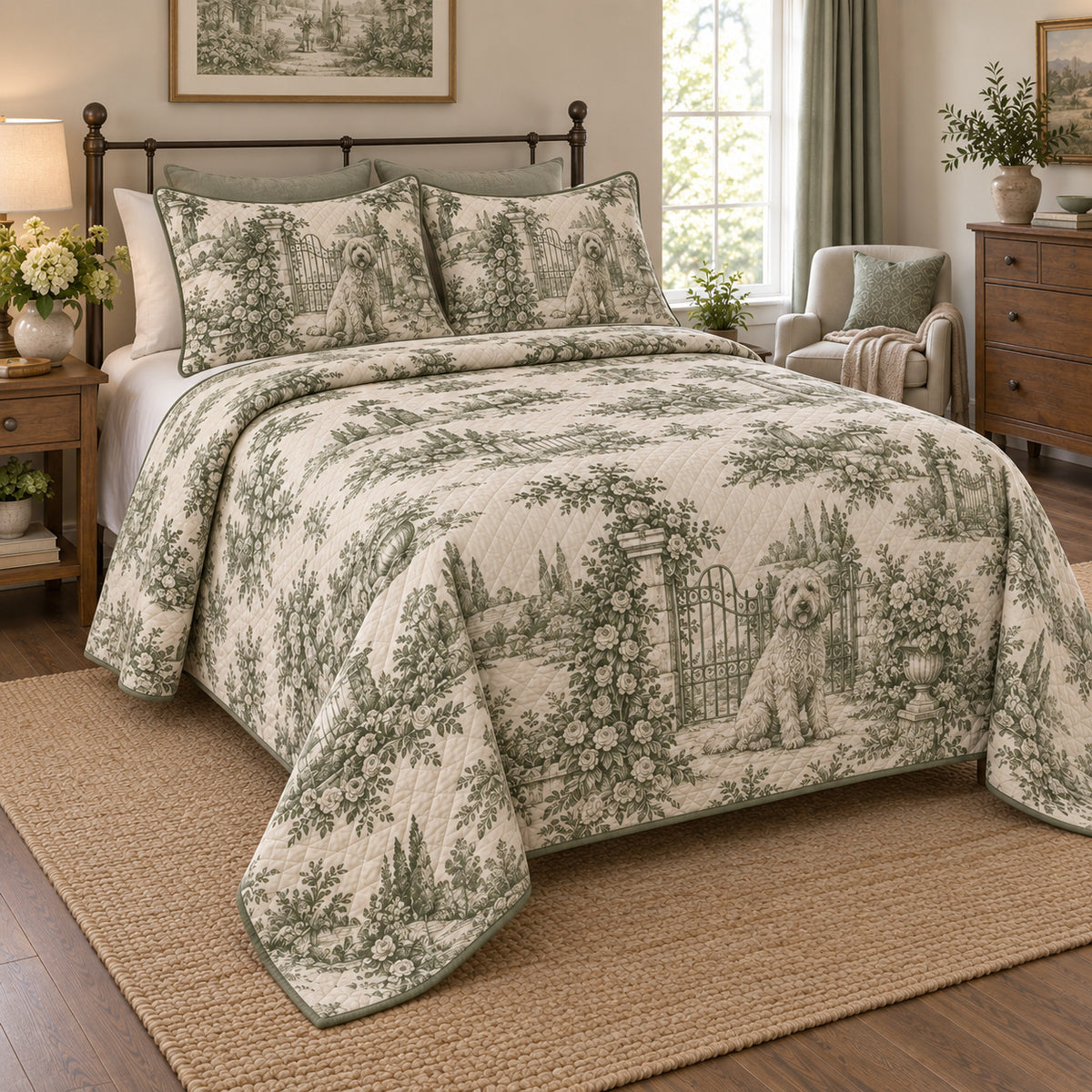 Garden Gate Toile Goldendoodle Country Toile Quilt Set, angled goldendoodle country toile bedroom view