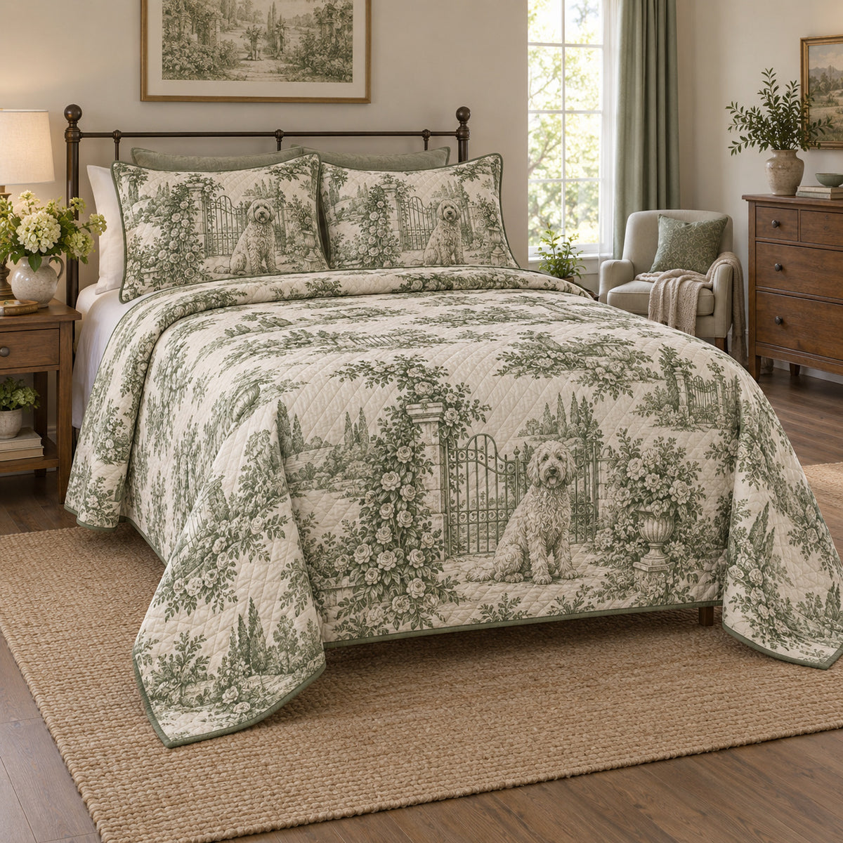 Garden Gate Toile Goldendoodle Country Toile Quilt Set, front goldendoodle country toile bedroom view