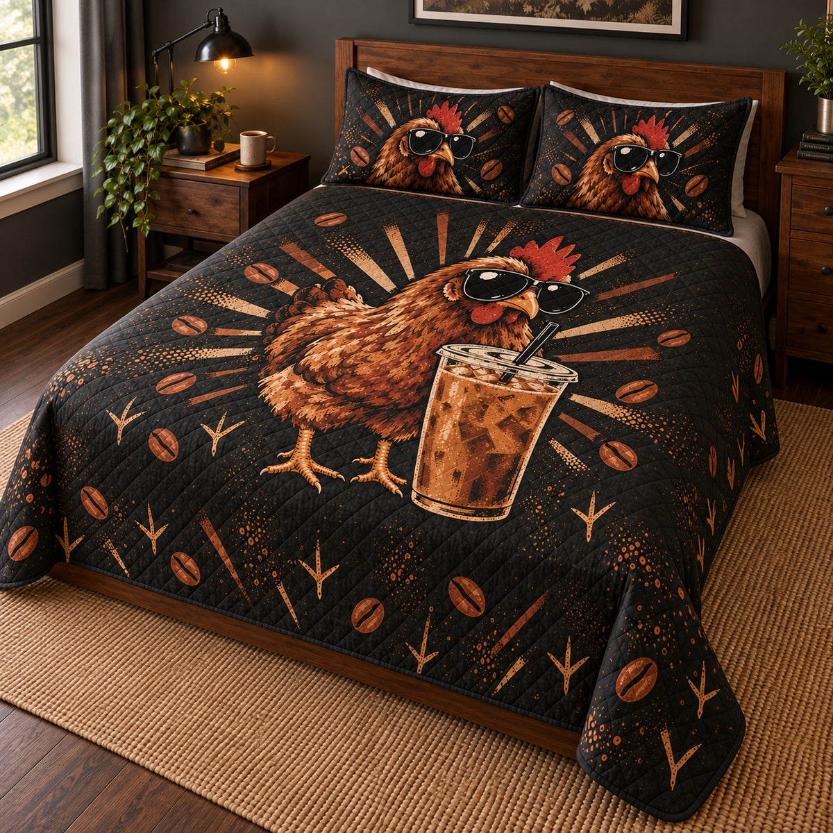 Iced Coffee Hen Vintage Graphic Quilt Set, angled Hen bedroom view