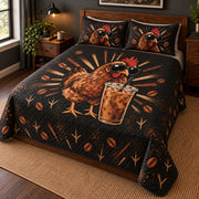 Iced Coffee Hen Vintage Graphic Quilt Set, angled Hen bedroom view