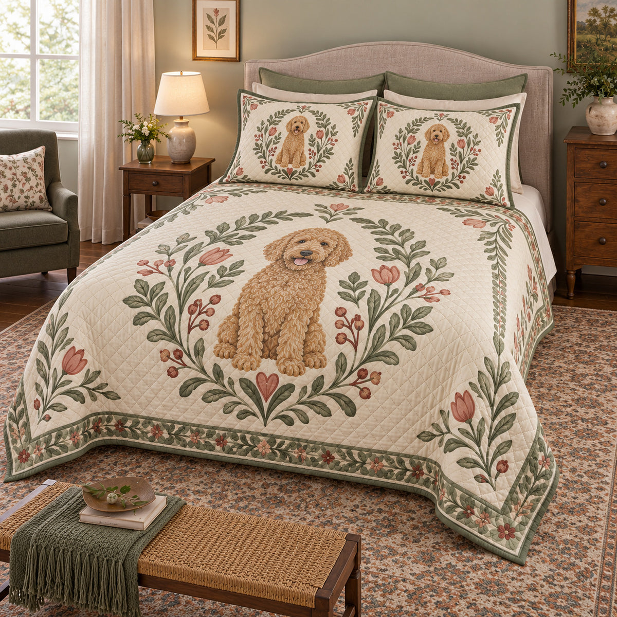 A curly goldendoodle sits inside a sage botanical wreath with small flowers and a narrow decorative border on cream on a quilt set with two matching shams, angled view.