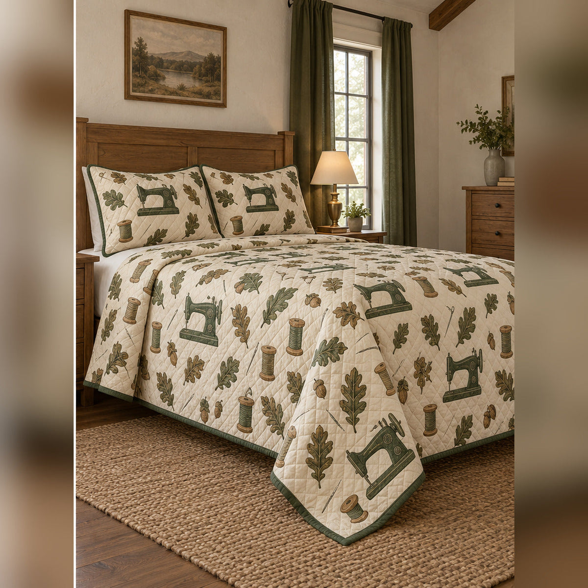 Forest Mending Studio Sewing Quilt Set, angled sewing bedroom view