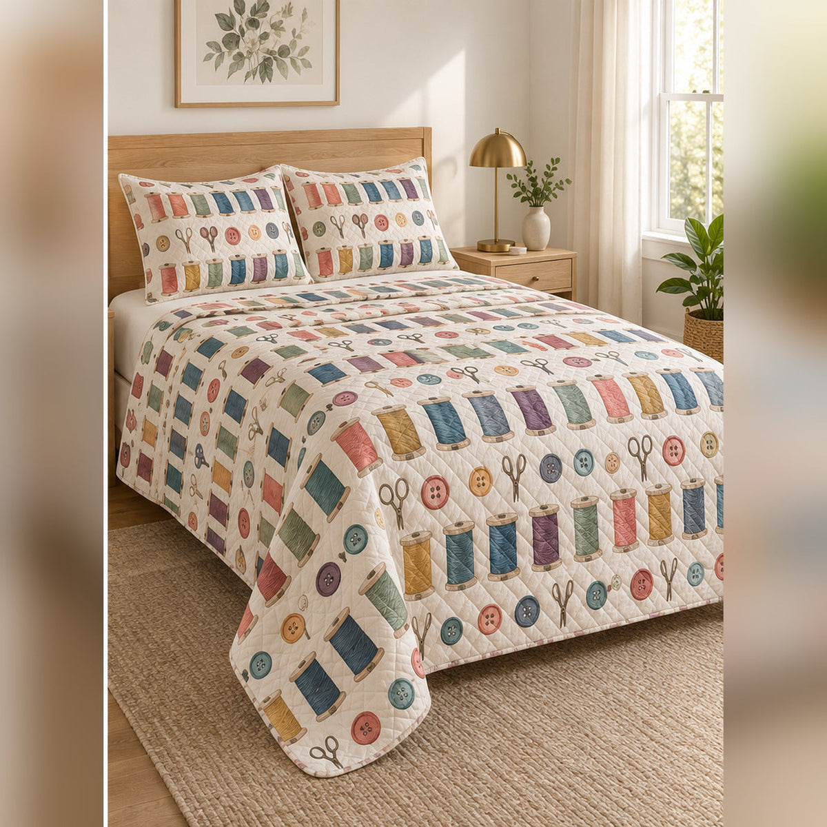 Rainbow Thread Cabinet Sewing Quilt Set, angled sewing bedroom view