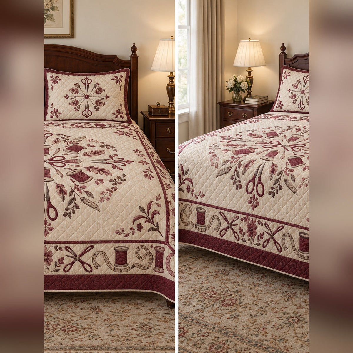 Burgundy Tailor Medallion Sewing Quilt Set, front sewing bedroom view