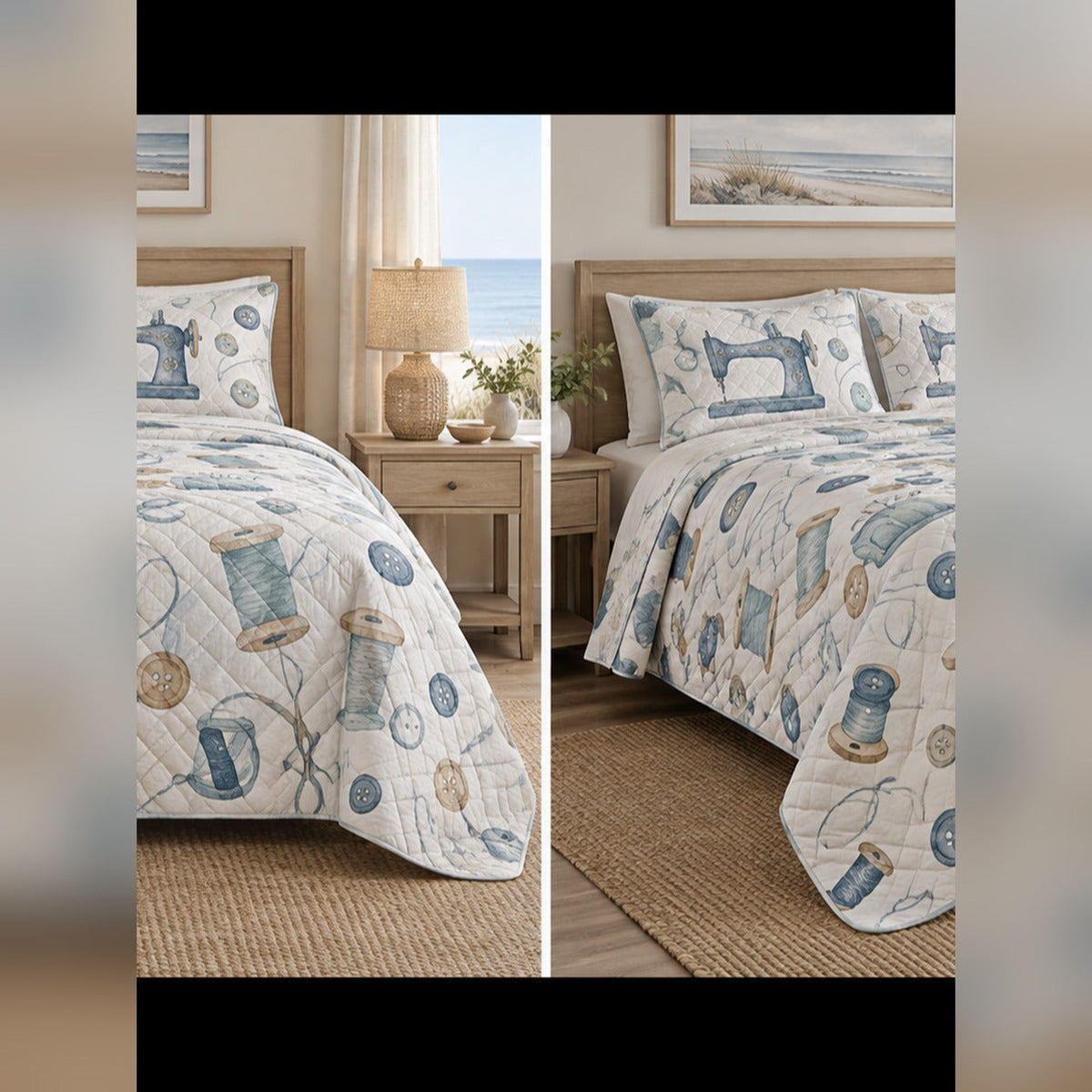 Coastal Sewing Blue Quilt Set, front sewing bedroom view