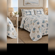 Coastal Sewing Blue Quilt Set, angled sewing bedroom view
