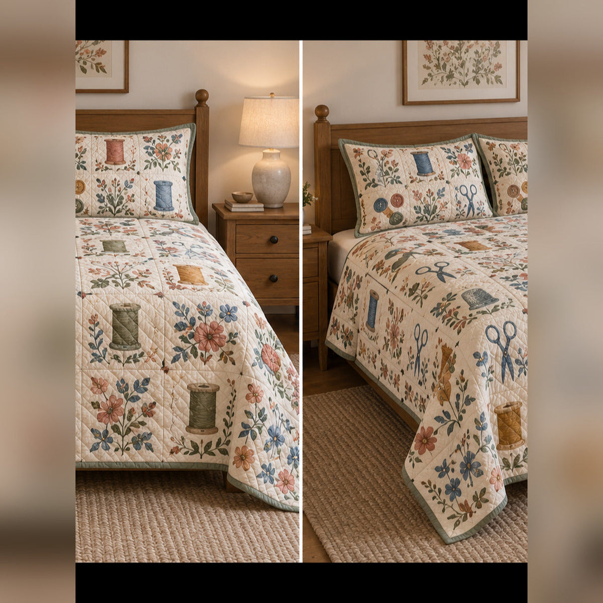 Heirloom Notions Print Sewing Quilt Set, front sewing bedroom view