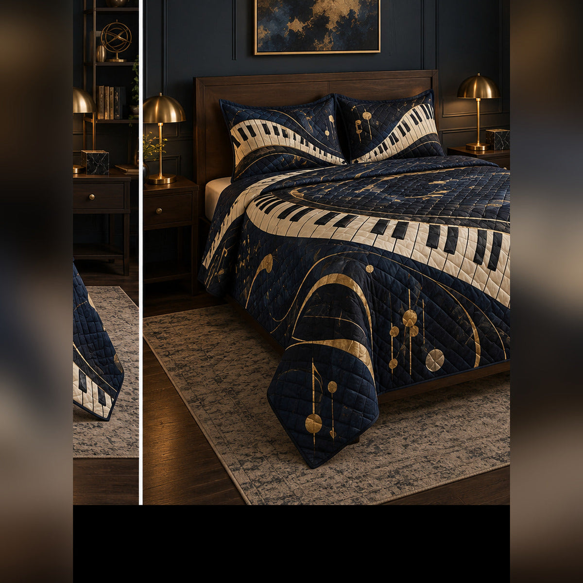 Midnight Concert Keys Piano Quilt Set, angled piano bedroom view