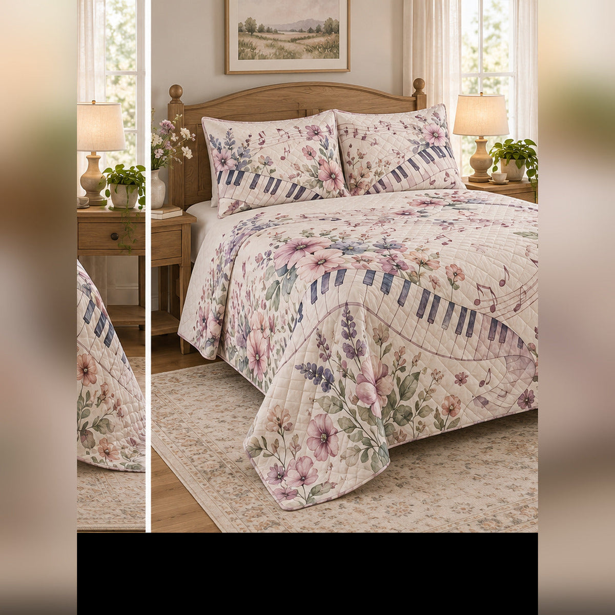 Watercolor Garden Piano Quilt Set, angled piano bedroom view