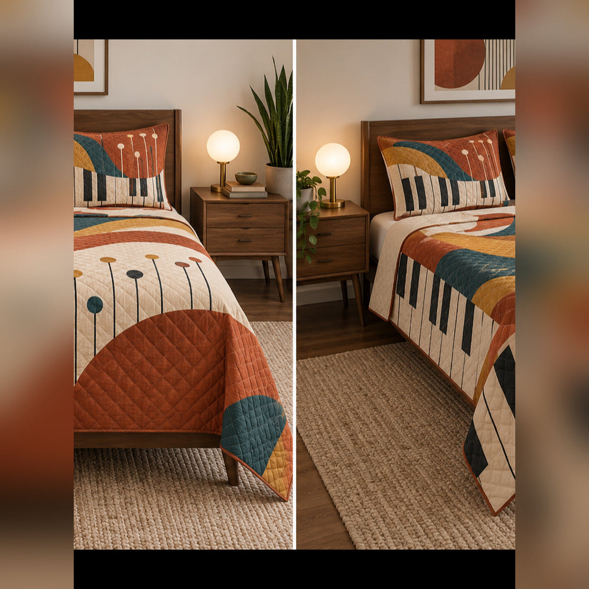 Terracotta Modern Piano Quilt Set, front piano bedroom view