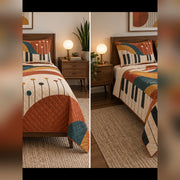 Terracotta Modern Piano Quilt Set, front piano bedroom view