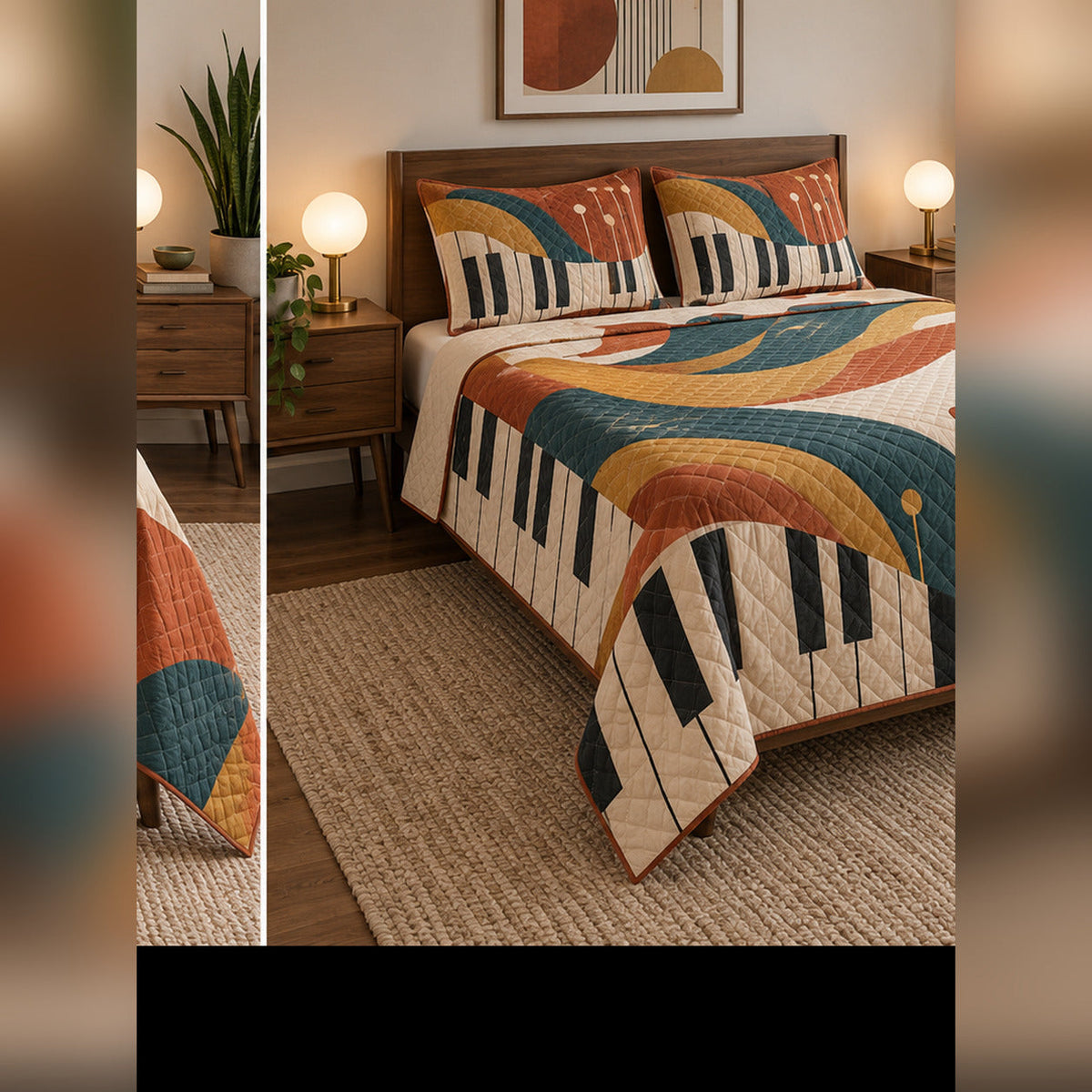 Terracotta Modern Piano Quilt Set, angled piano bedroom view