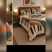 Terracotta Modern Piano Quilt Set, angled piano bedroom view