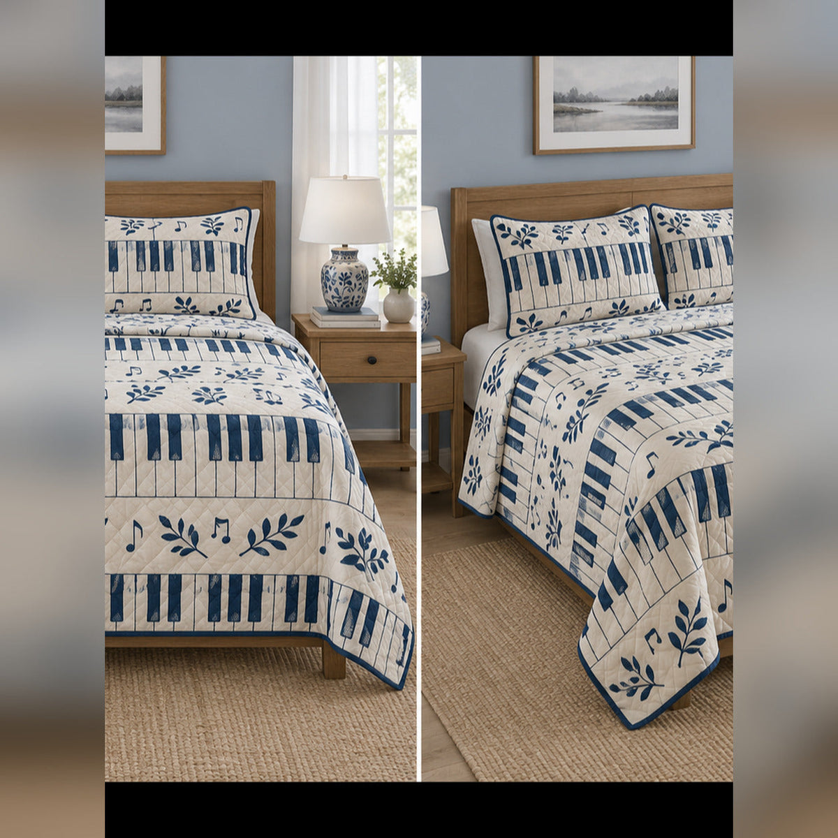 Indigo Piano Block Print Quilt Set, front piano bedroom view