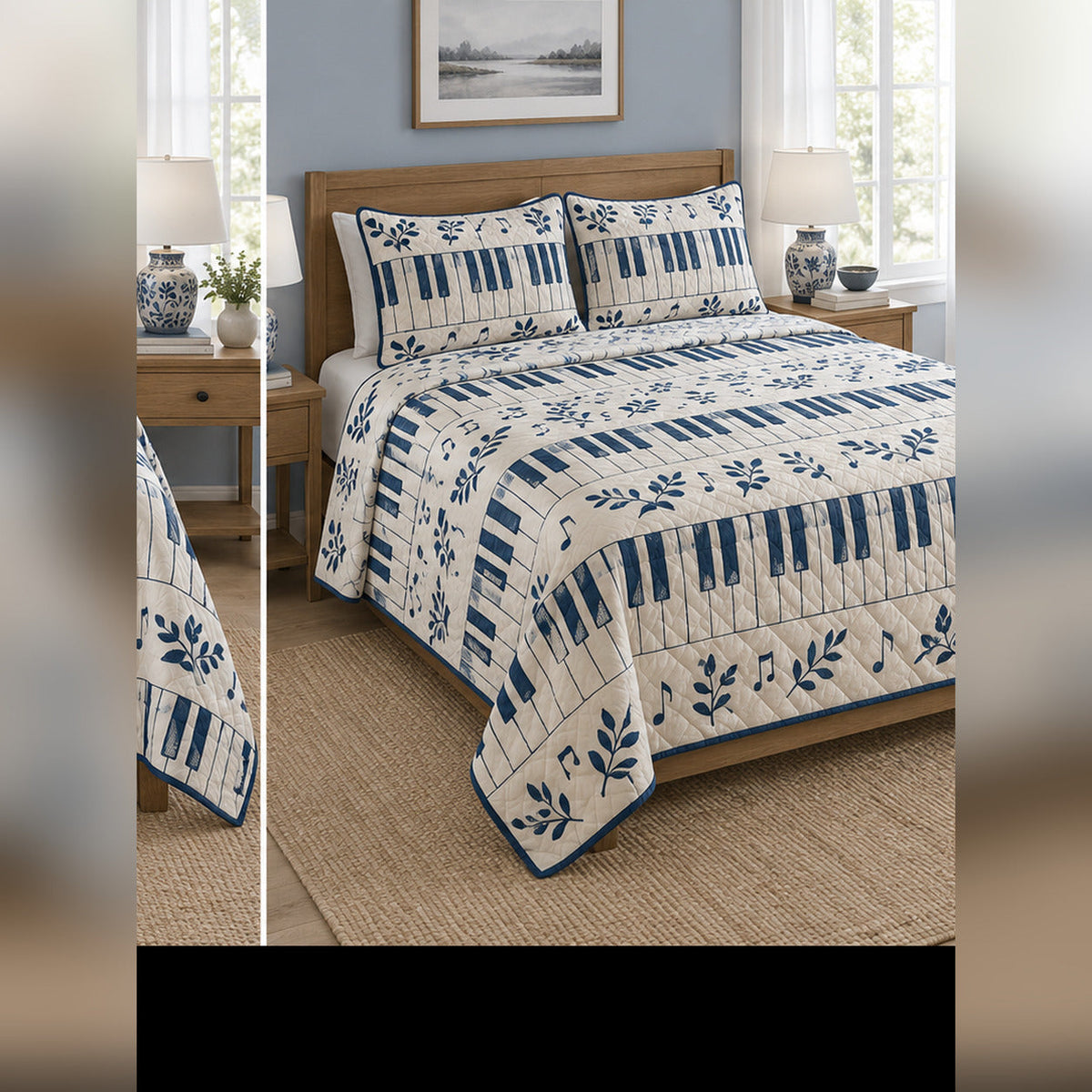 Indigo Piano Block Print Quilt Set, angled piano bedroom view