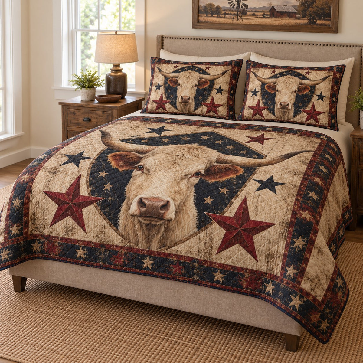 Longhorn Cow Western Star Quilt Set: angled bedroom view showing the quilt artwork and coordinating shams