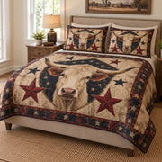 Longhorn Cow Western Star Quilt Set: angled bedroom view showing the quilt artwork and coordinating shams