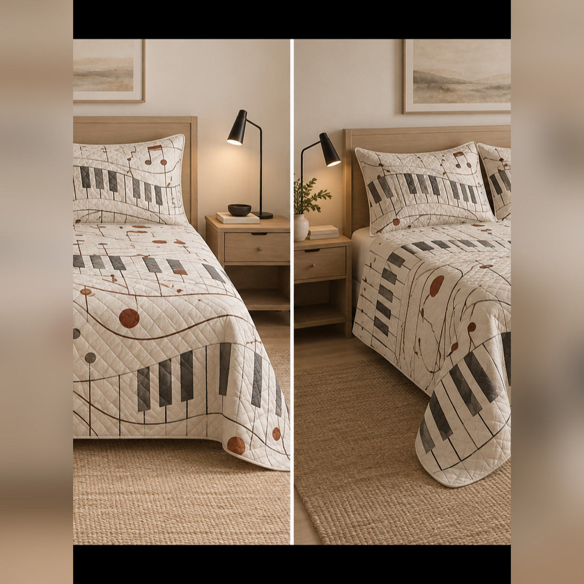 Minimal Neutral Keys Piano Quilt Set, front piano bedroom view