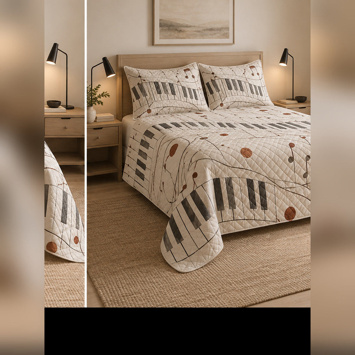 Minimal Neutral Keys Piano Quilt Set, angled piano bedroom view