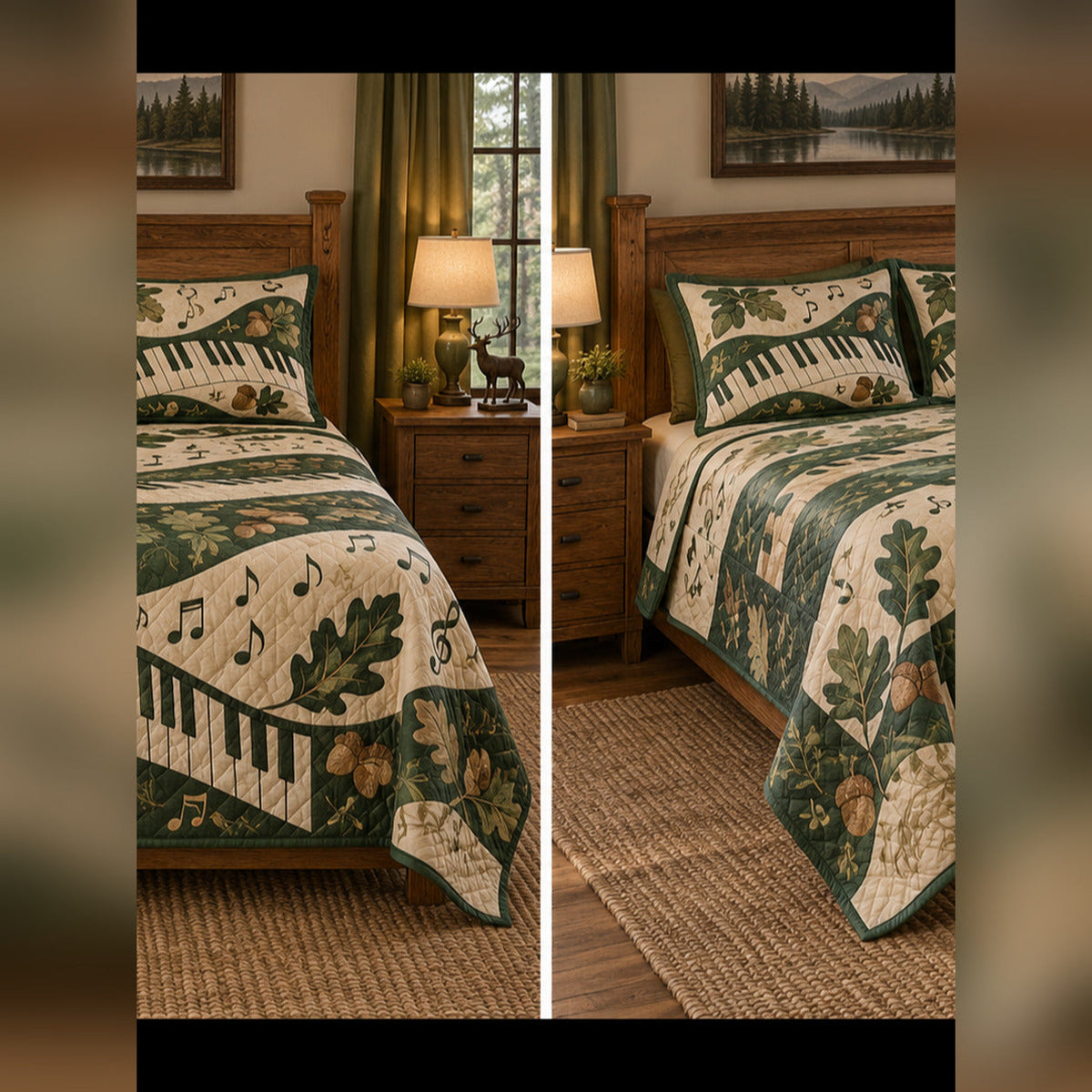 Forest Piano Study Quilt Set, front piano bedroom view