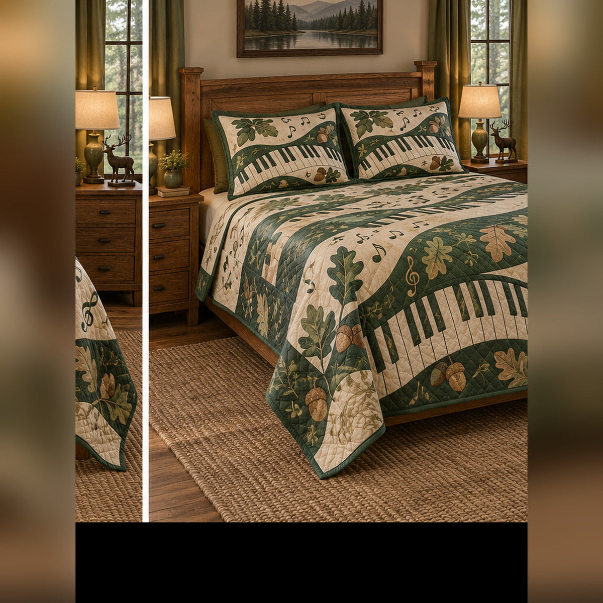 Forest Piano Study Quilt Set, angled piano bedroom view