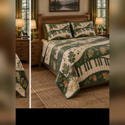 Forest Piano Study Quilt Set, angled piano bedroom view