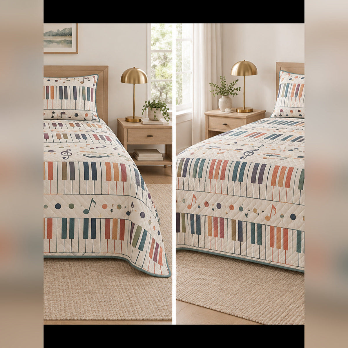 Muted Rainbow Keys Piano Quilt Set, front piano bedroom view