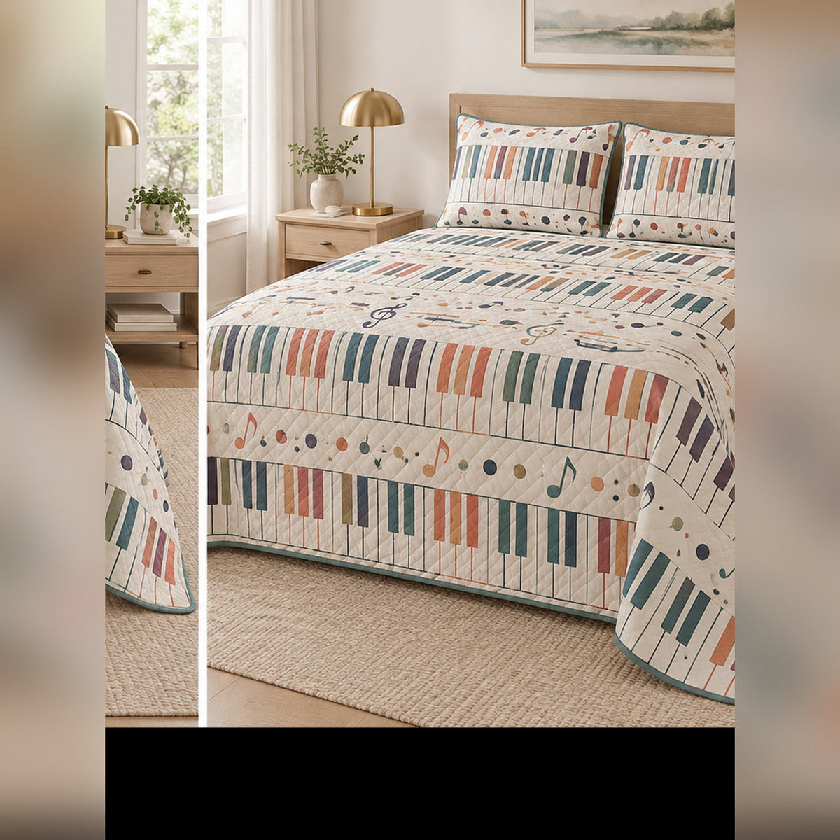 Muted Rainbow Keys Piano Quilt Set, angled piano bedroom view