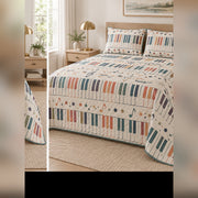Muted Rainbow Keys Piano Quilt Set, angled piano bedroom view