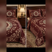 Burgundy Music Medallion Piano Quilt Set, front piano bedroom view