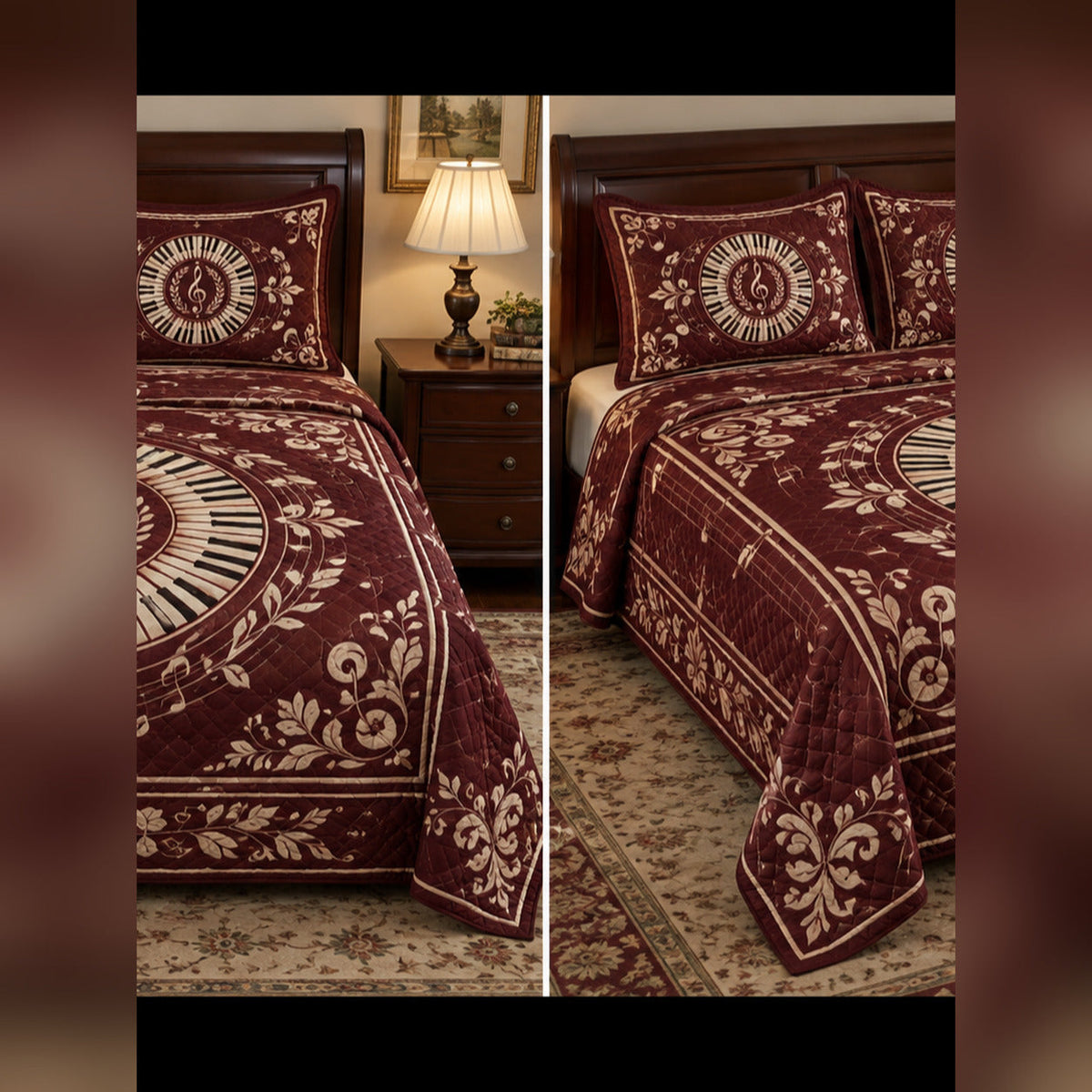 Burgundy Music Medallion Piano Quilt Set, front piano bedroom view