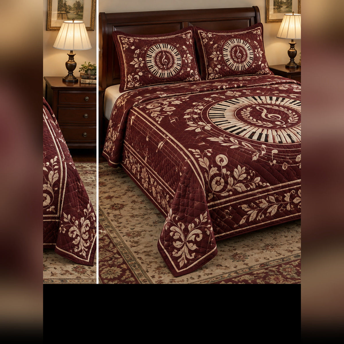 Burgundy Music Medallion Piano Quilt Set, angled piano bedroom view