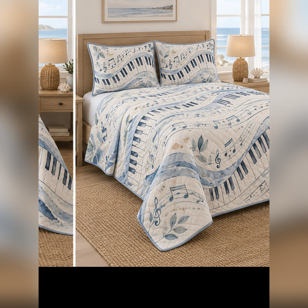 Coastal Blue Piano Quilt Set, angled piano bedroom view