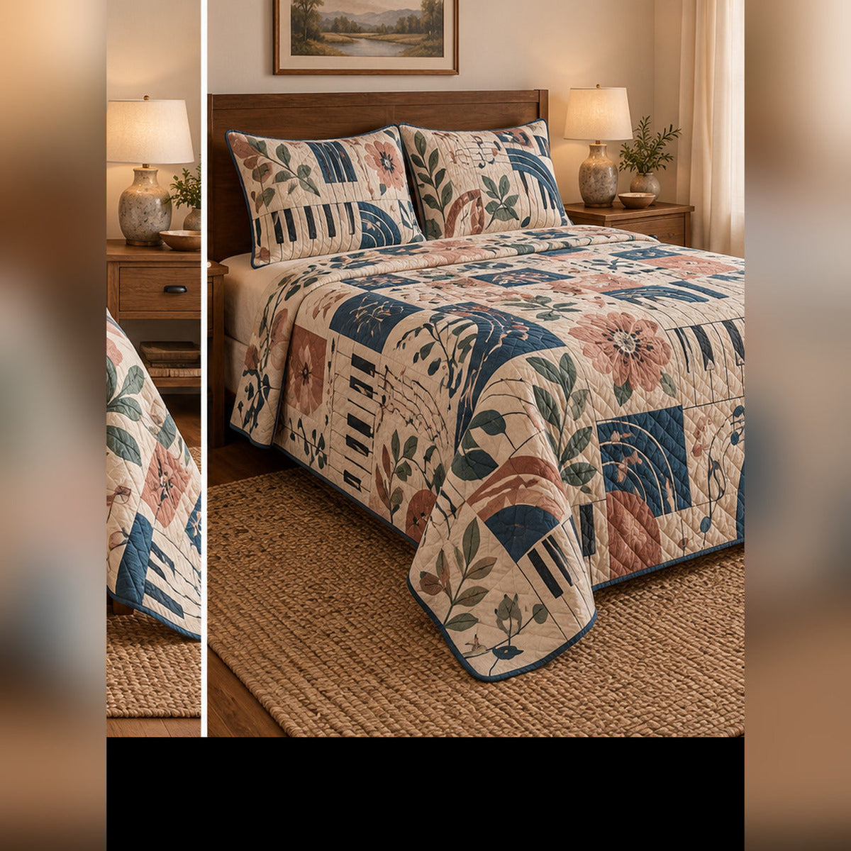 Heirloom Piano Print Quilt Set, angled piano bedroom view