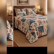 Heirloom Piano Print Quilt Set, angled piano bedroom view