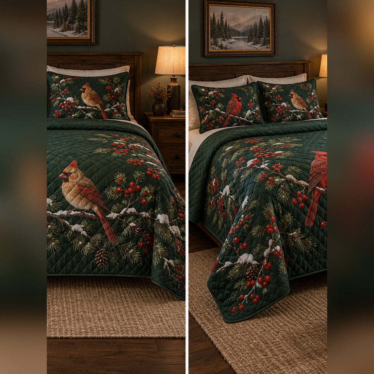 Winterberry Cardinal Pair Quilt Set, front cardinal bedroom view