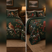 Winterberry Cardinal Pair Quilt Set, front cardinal bedroom view