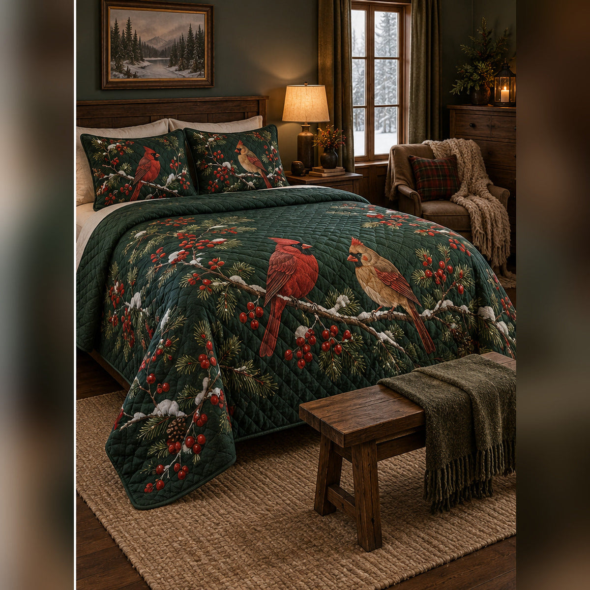 Winterberry Cardinal Pair Quilt Set, angled cardinal bedroom view