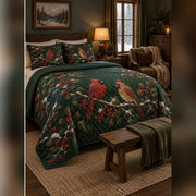 Winterberry Cardinal Pair Quilt Set, angled cardinal bedroom view