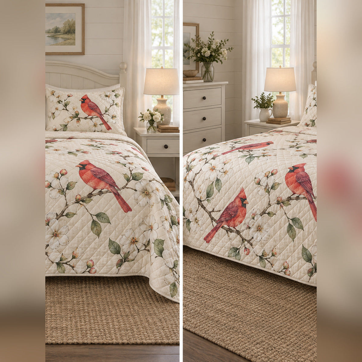 Watercolor Dogwood Cardinal Quilt Set, front cardinal bedroom view