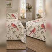 Watercolor Dogwood Cardinal Quilt Set, front cardinal bedroom view