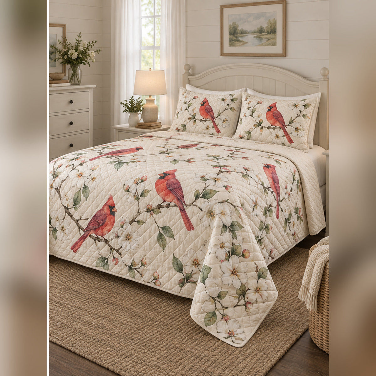 Watercolor Dogwood Cardinal Quilt Set, angled cardinal bedroom view
