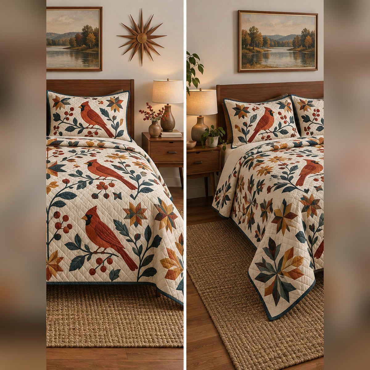 Modern Folk Cardinal Quilt Set, front cardinal bedroom view