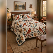 Modern Folk Cardinal Quilt Set, angled cardinal bedroom view