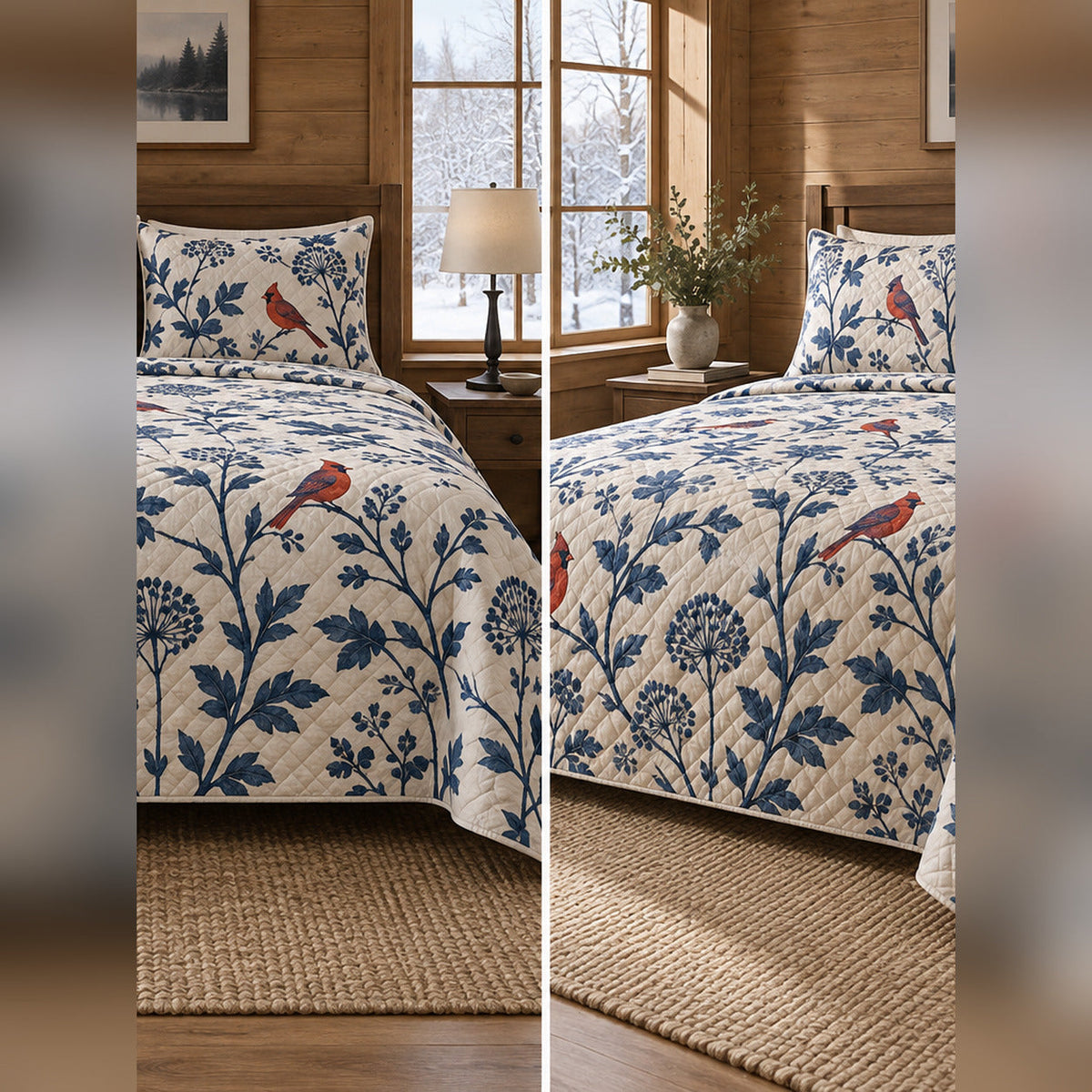 Indigo Cardinal Block Print Quilt Set, front cardinal bedroom view