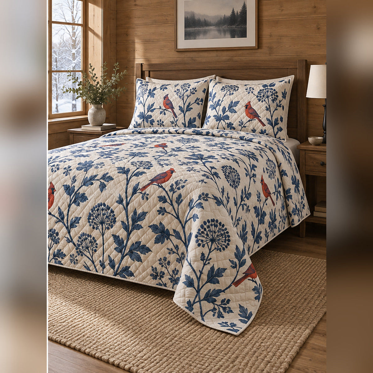 Indigo Cardinal Block Print Quilt Set, angled cardinal bedroom view